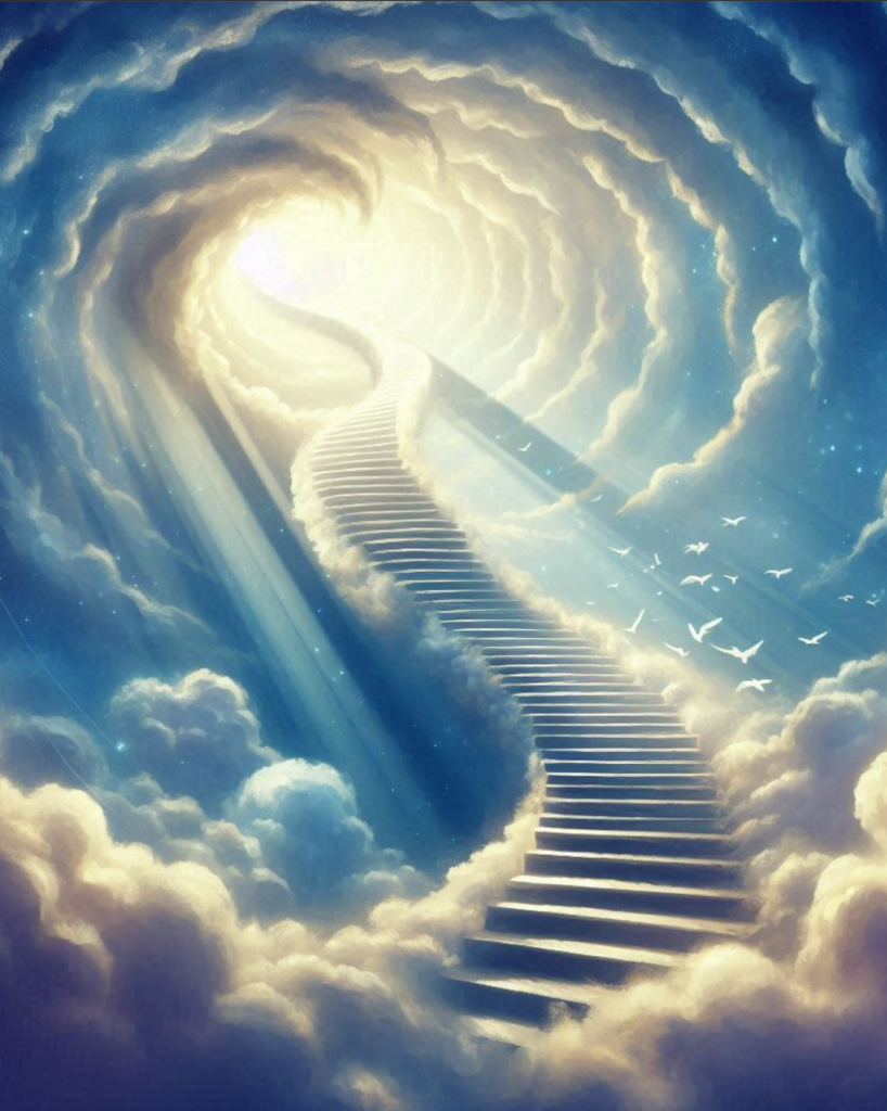 Swirling blues and yellows open up to a staircase flowing out of the clouds from Heaven.